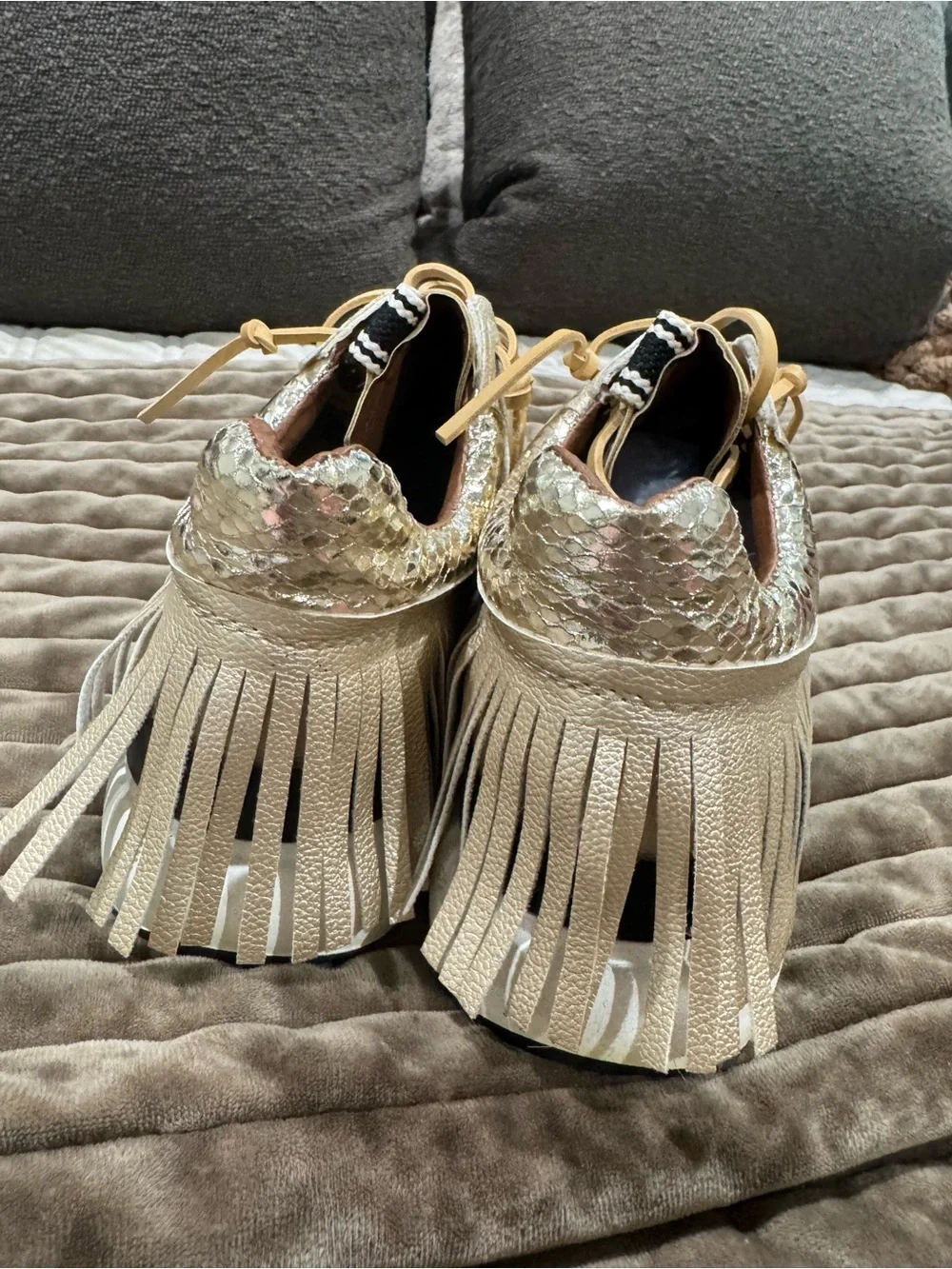 ShuShop Cream Fringe Lace-Up Sneakers with Metallic Trim